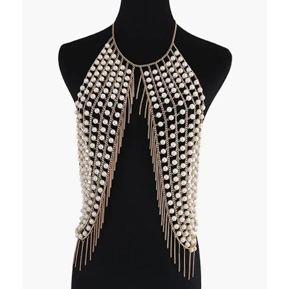 Gold Faux Pearl Chain Tassel Body Jewelry Rave Halter Crop Top - Picture 5 of 10